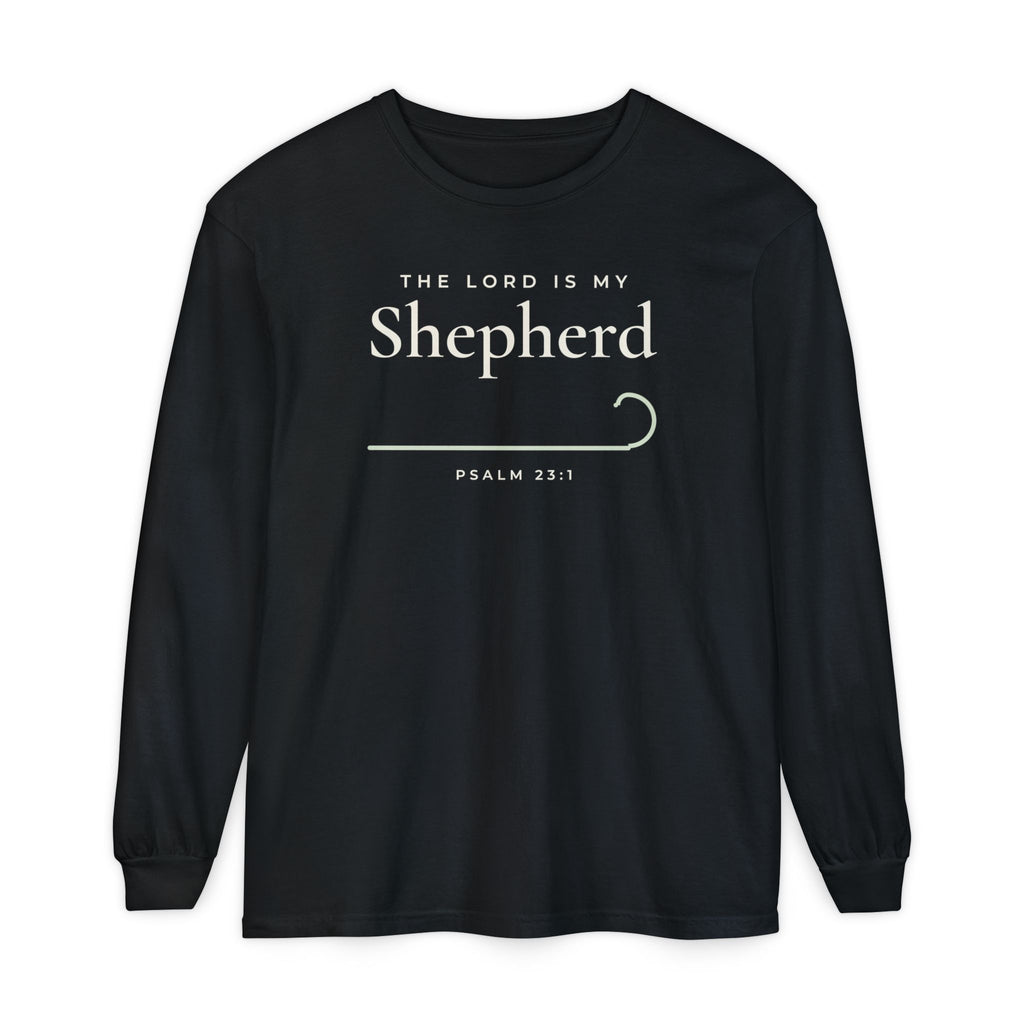 The Lord Is My Shepherd Psalm 23:1 Christian long sleeve tee in black, front mockup