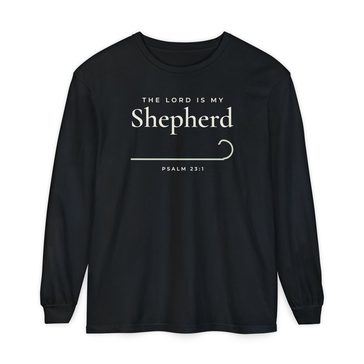 The Lord Is My Shepherd Psalm 23:1 Christian long sleeve tee in black, front mockup