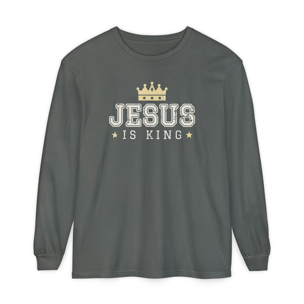 Jesus Is King Christian long sleeve tee in pepper, front mockup