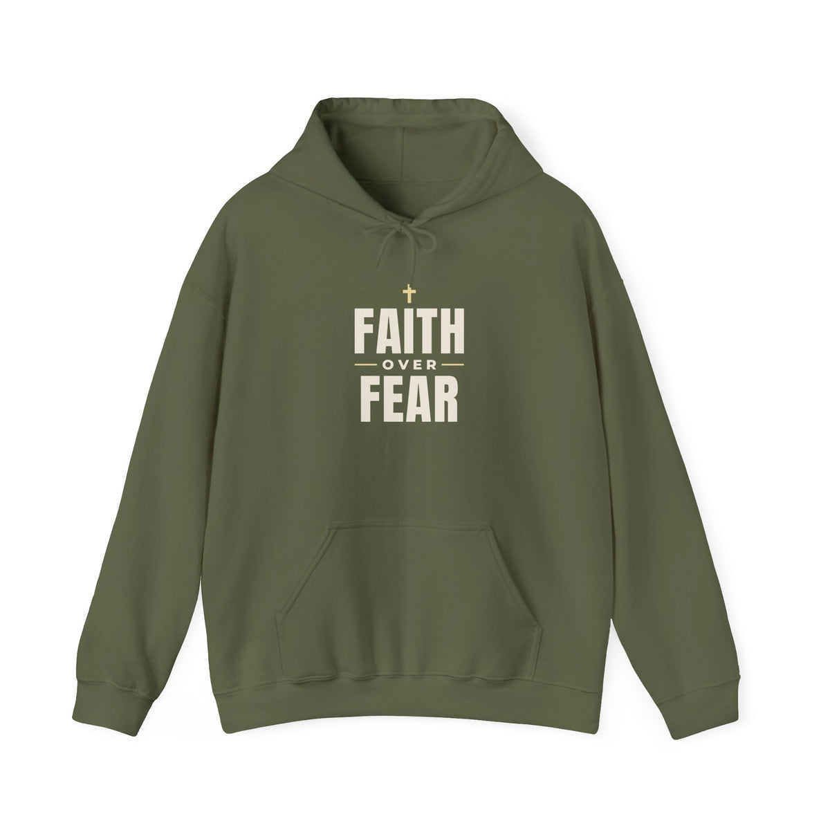 Faith Over Fear Christian hoodie in military green, front mockup
