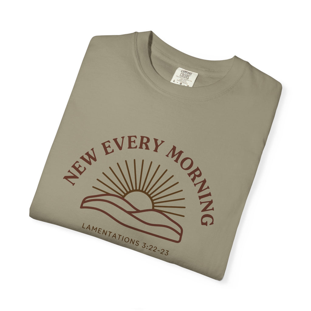 New Every Morning Lamentations 3:22-23 tee in sandstone, folded mockup
