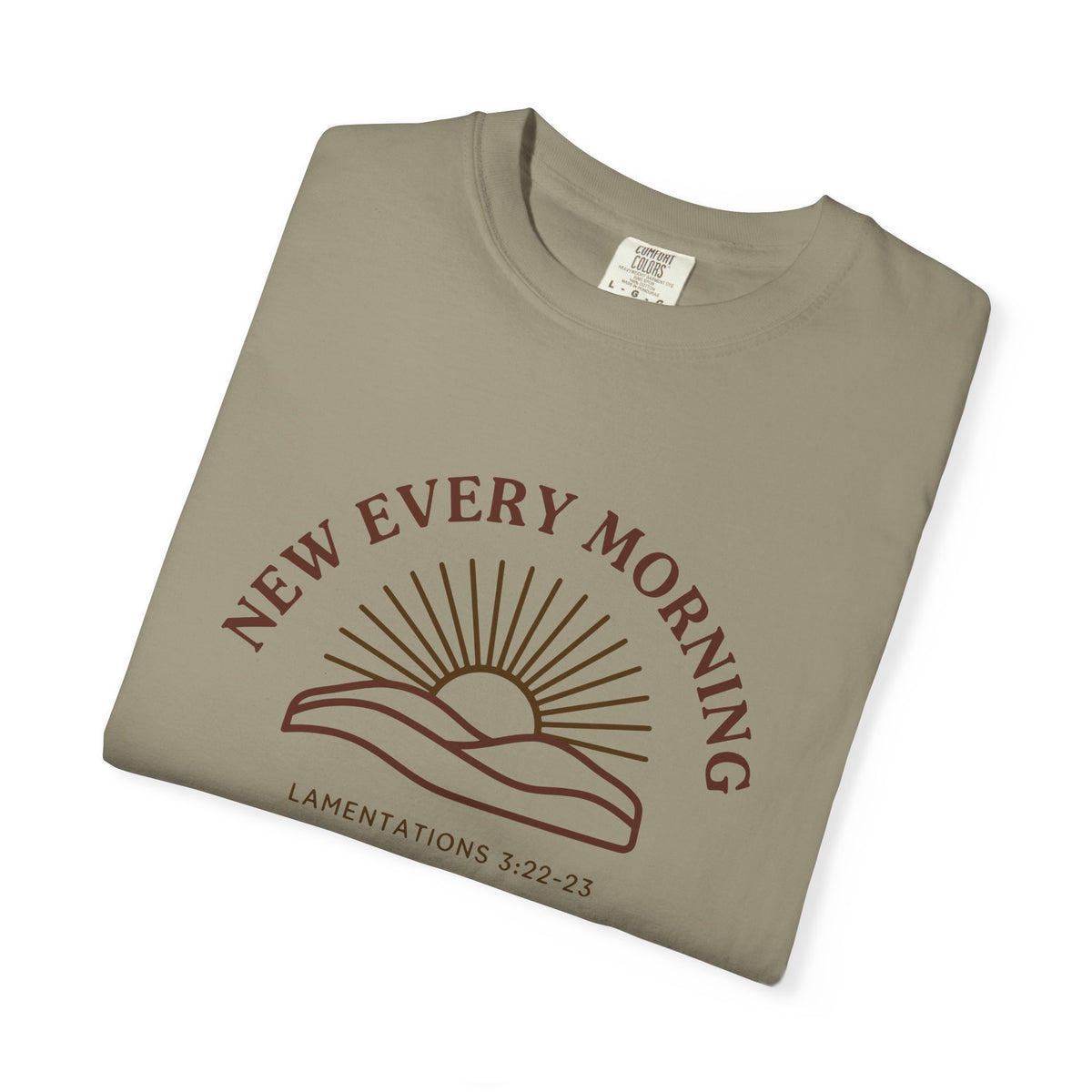 New Every Morning Lamentations 3:22-23 tee in sandstone, folded mockup