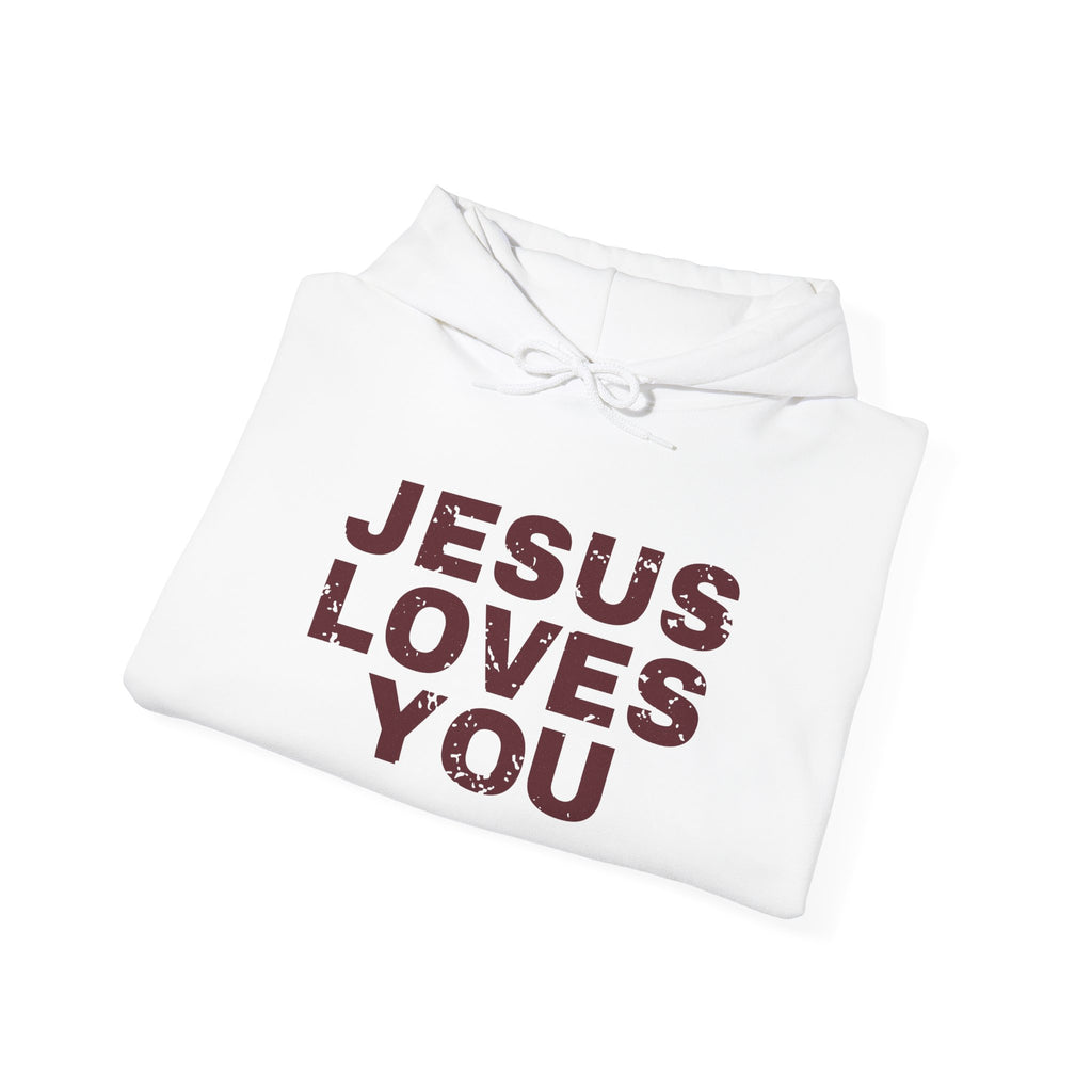 Jesus Loves You Christian hoodie in white, folded mockup