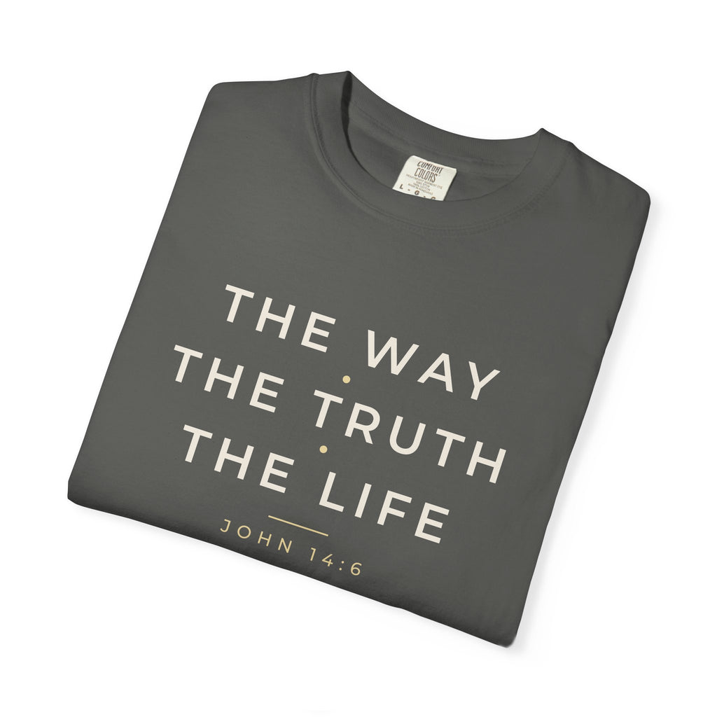The Way The Truth The Life John 14:6 Christian tee in pepper, folded mockup