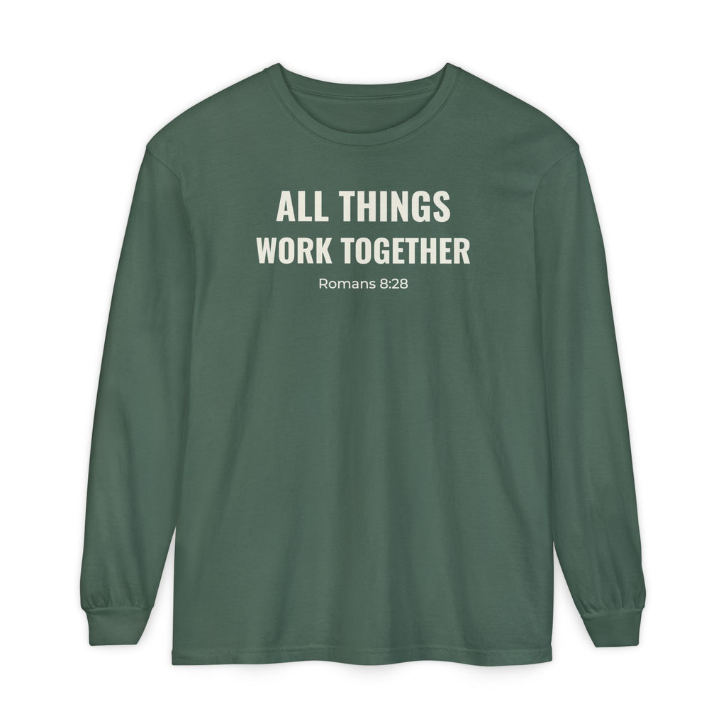 All Things Work Together Romans 8:28 long sleeve tee in blue spruce, front mockup