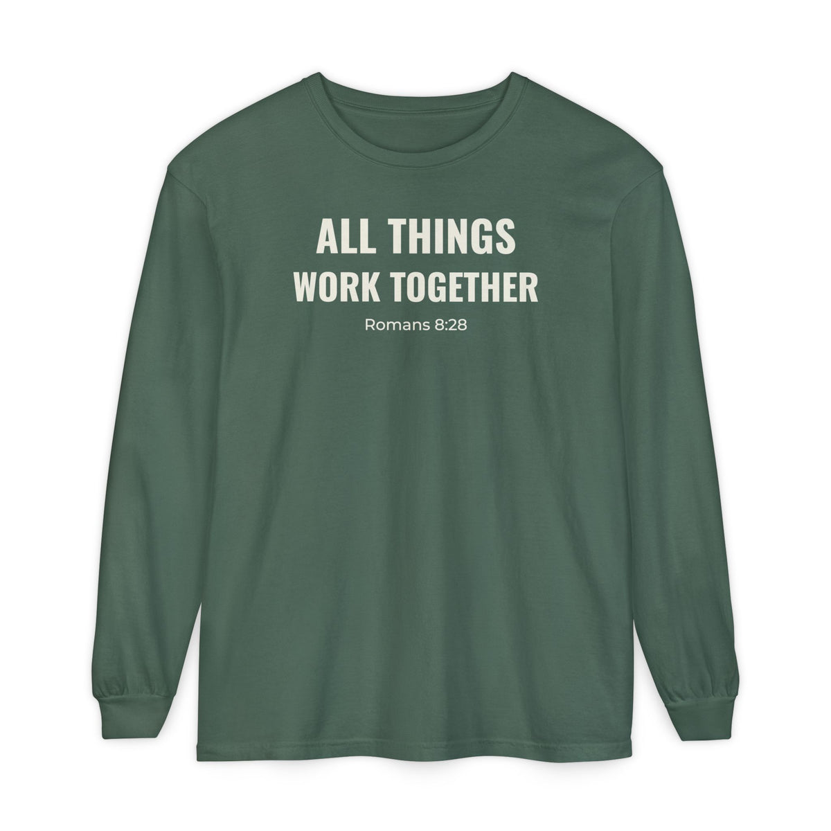 All Things Work Together Romans 8:28 long sleeve tee in blue spruce, front mockup