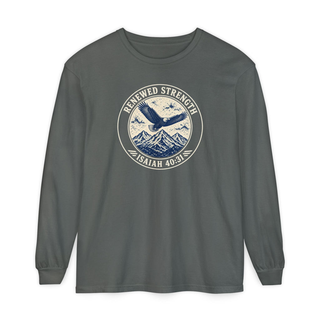 Renew Your Strength Isaiah 40:31 long sleeve tee in pepper, front mockup