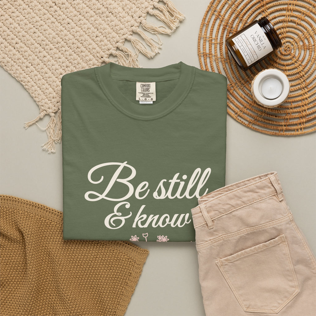 Be Still & Know Wildflower Psalm 46:10 Christian tee in sage, folded flat lay