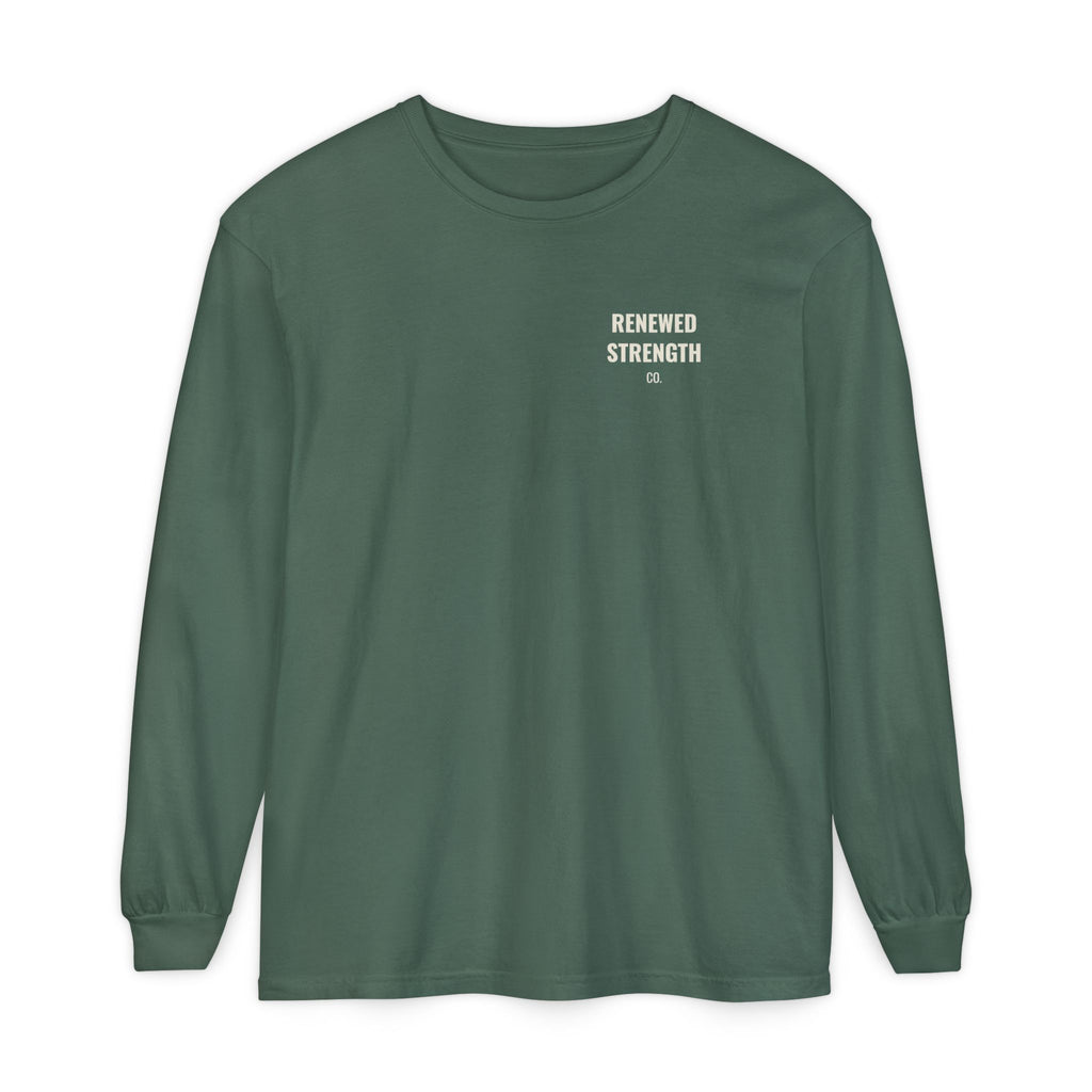 Nothing Can Separate Us Romans 8:38-39 long sleeve tee in Blue Spruce, front with left-chest logo mockup