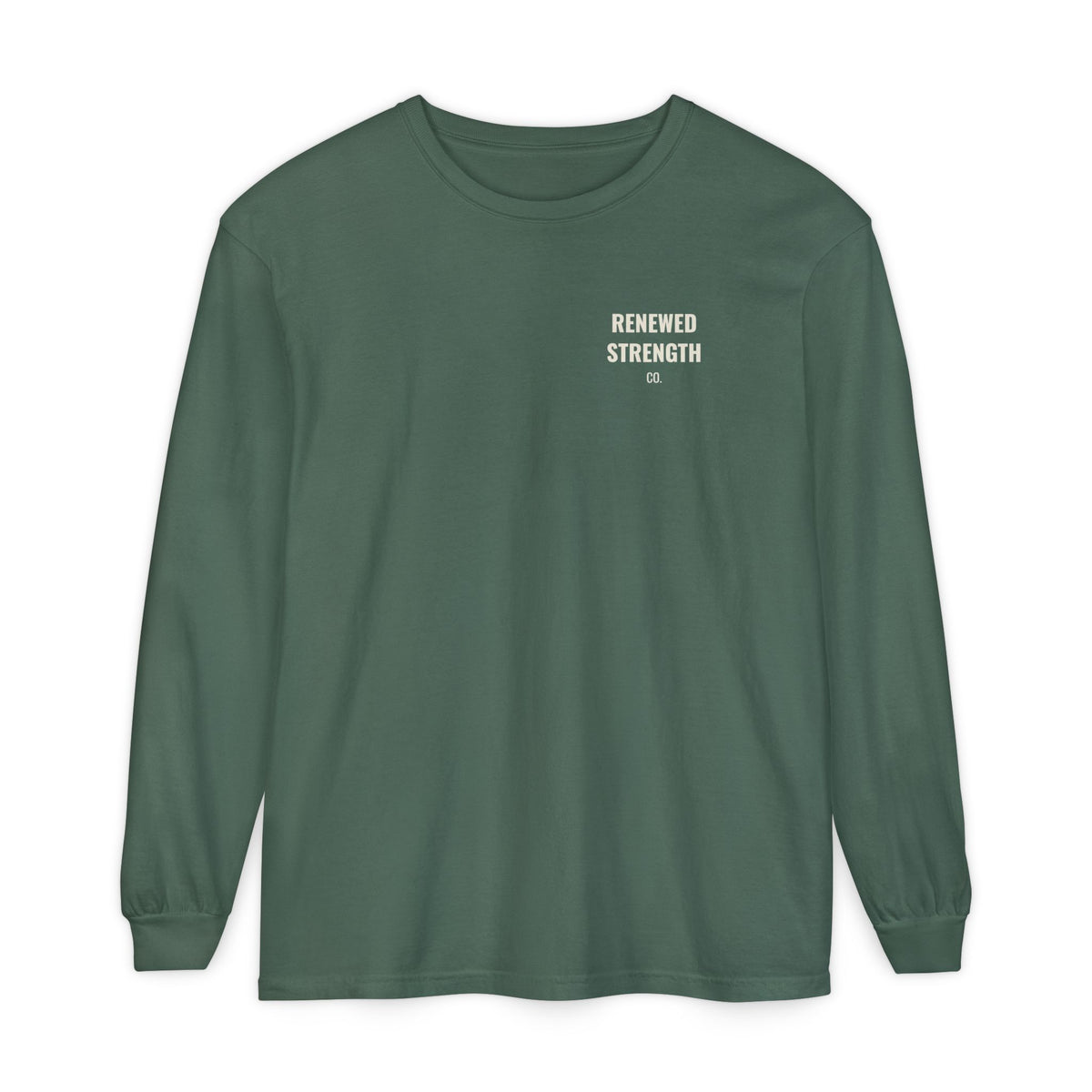 Nothing Can Separate Us Romans 8:38-39 long sleeve tee in Blue Spruce, front with left-chest logo mockup