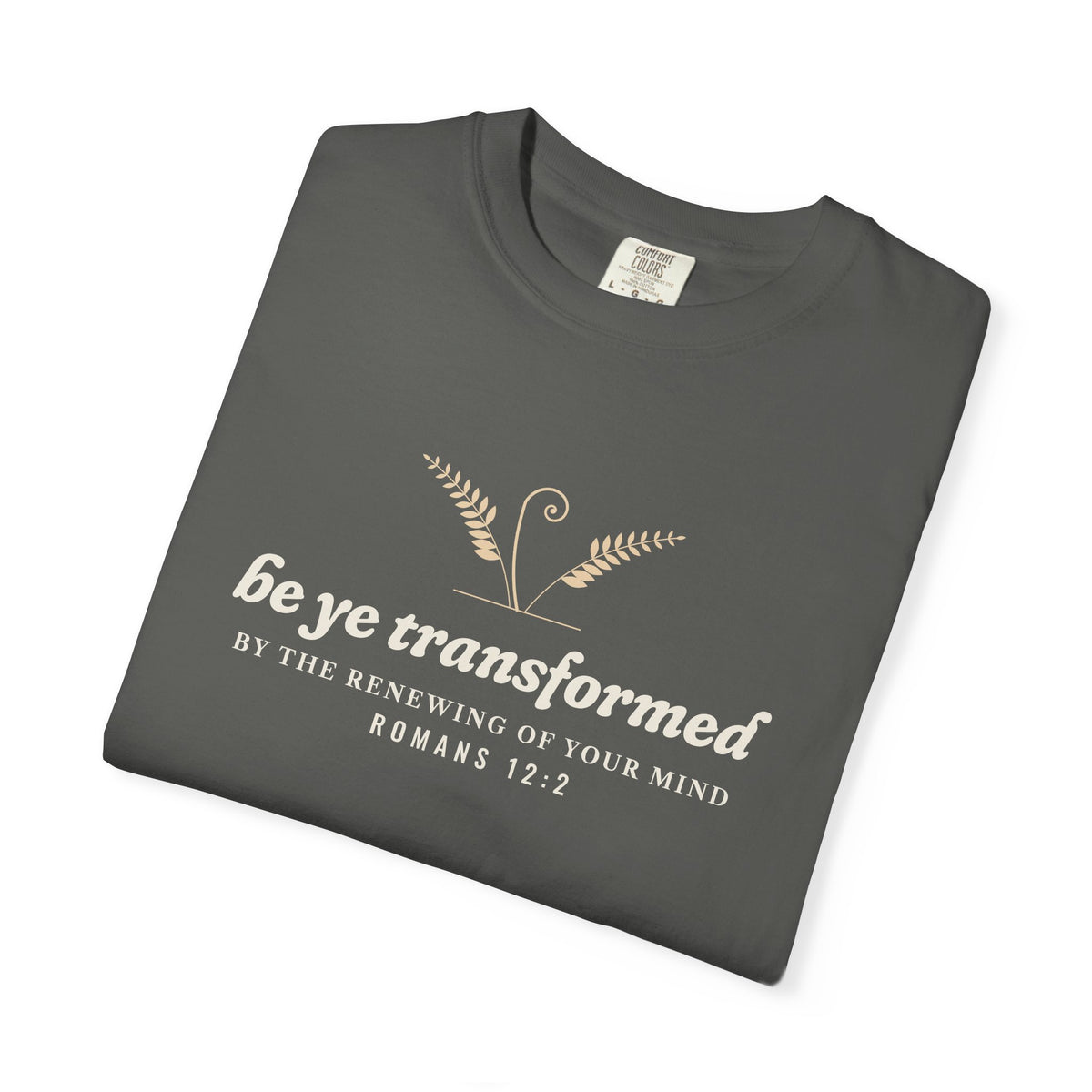 Be Transformed Romans 12:2 tee in Pepper, folded mockup