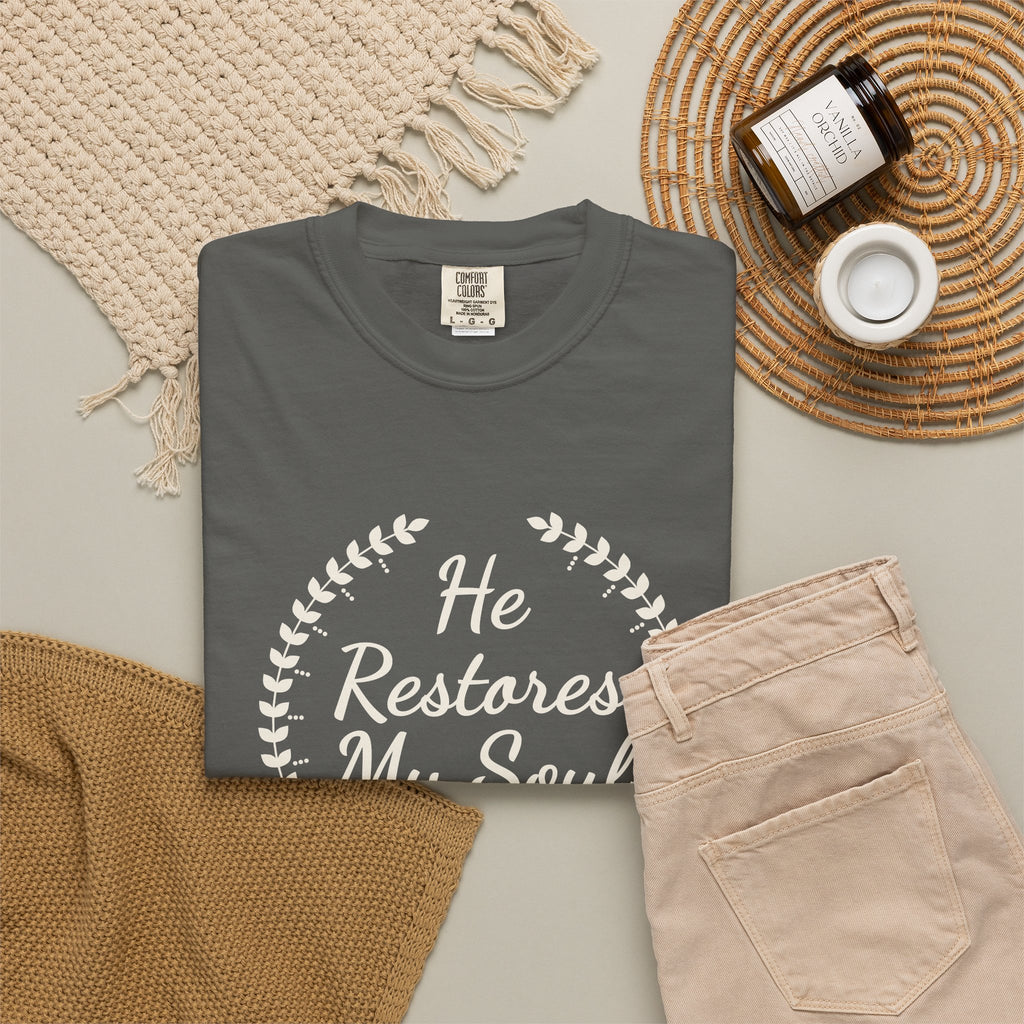 He Restores My Soul Psalm 23:3 tee in pepper, folded flat lay mockup