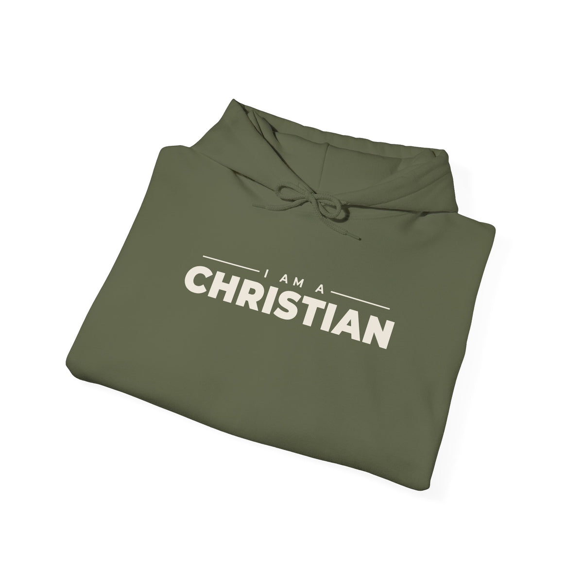 I Am a Christian Christian hoodie in military green, folded mockup