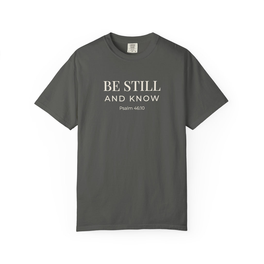 Be Still and Know Psalm 46:10 tee in pepper, front mockup