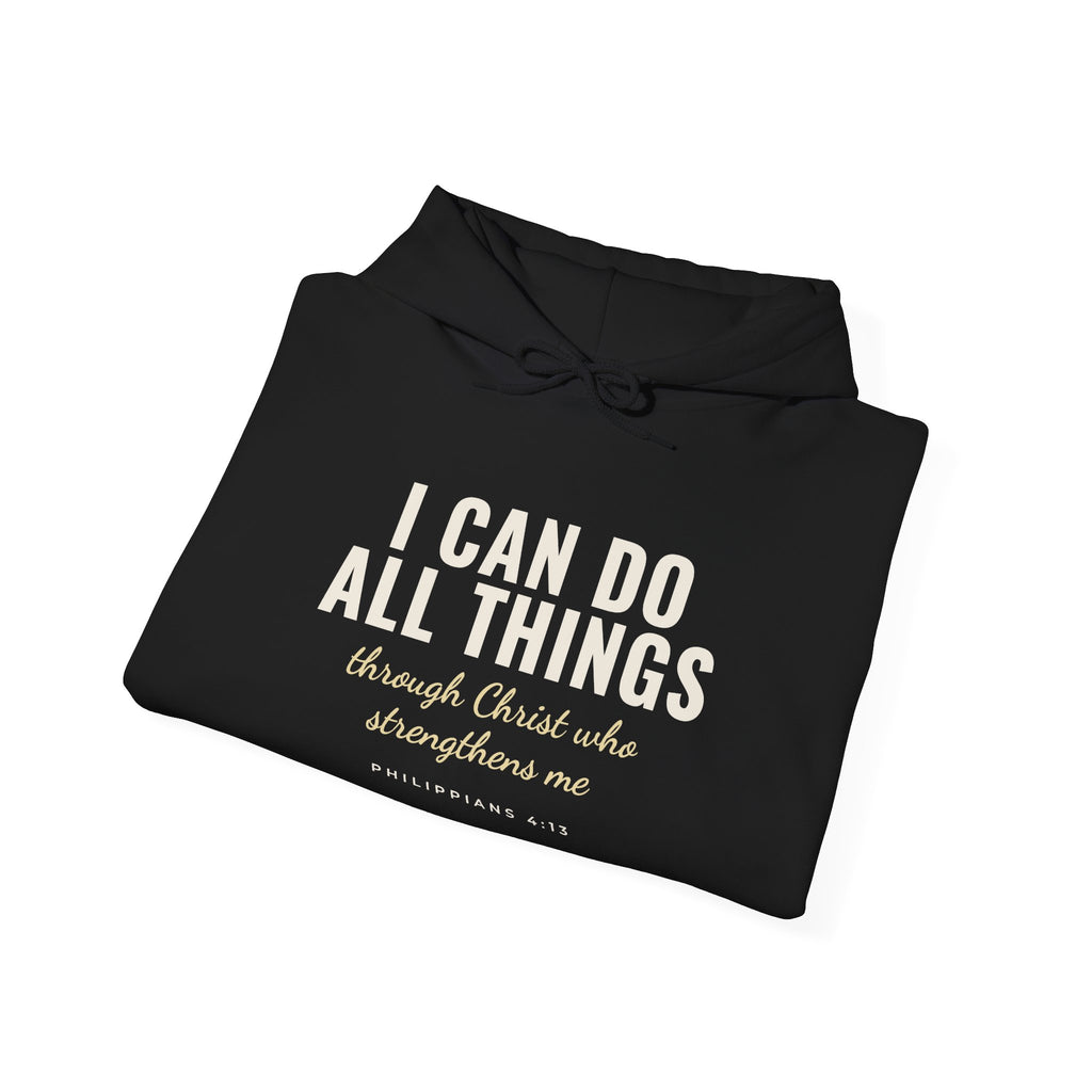 I Can Do All Things Philippians 4:13 Christian hoodie in black, folded mockup