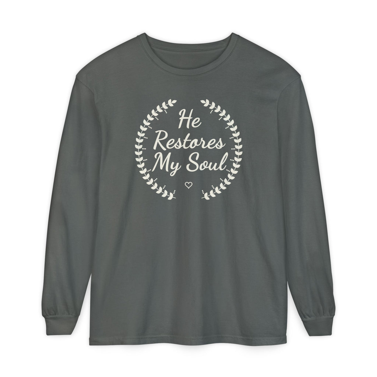 He Restores My Soul Psalm 23:3 long sleeve tee in pepper, front mockup