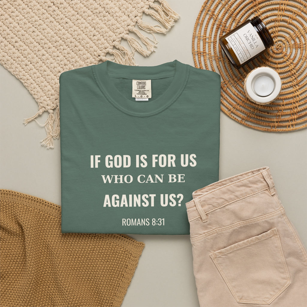 If God Is For Us Romans 8:31 tee in blue spruce, folded flat lay mockup