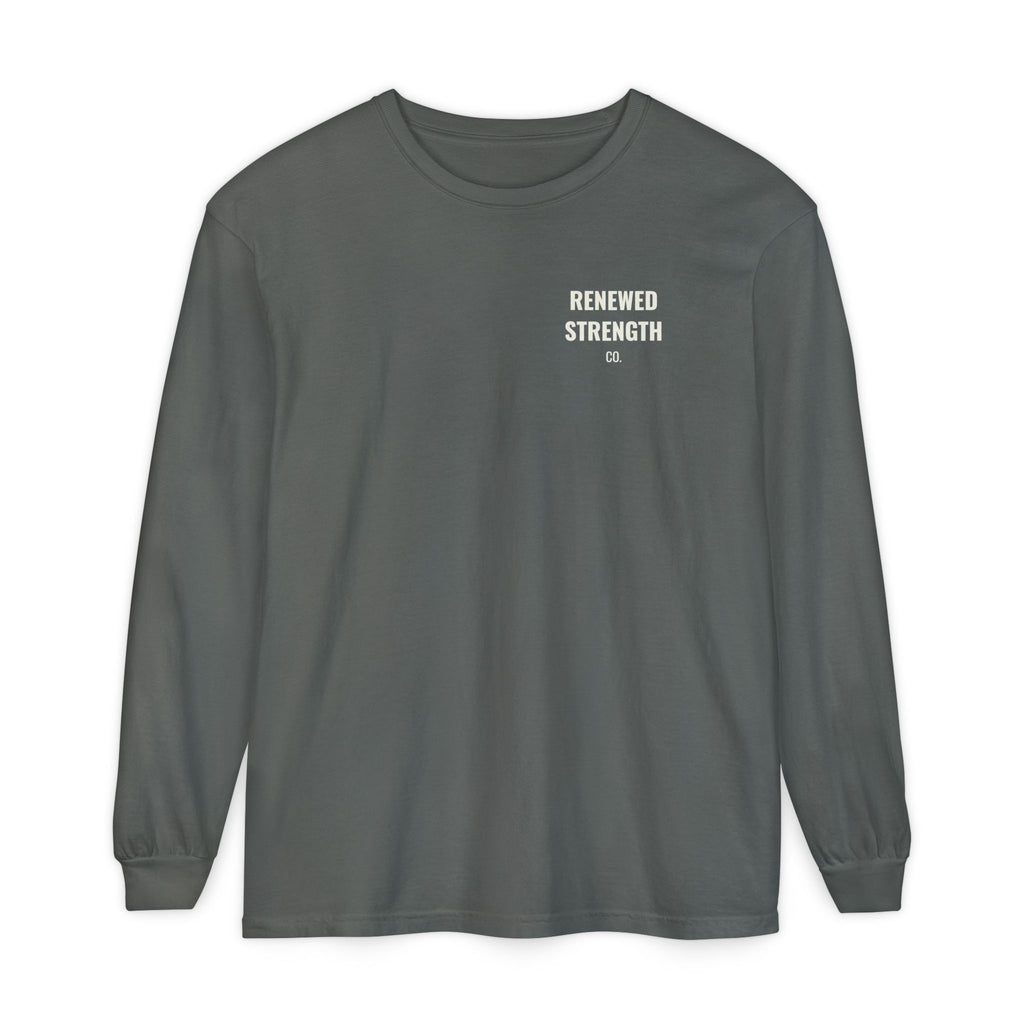 Suffering Produces Hope Romans 5:3-4 long sleeve tee in pepper, front (left-chest logo) mockup