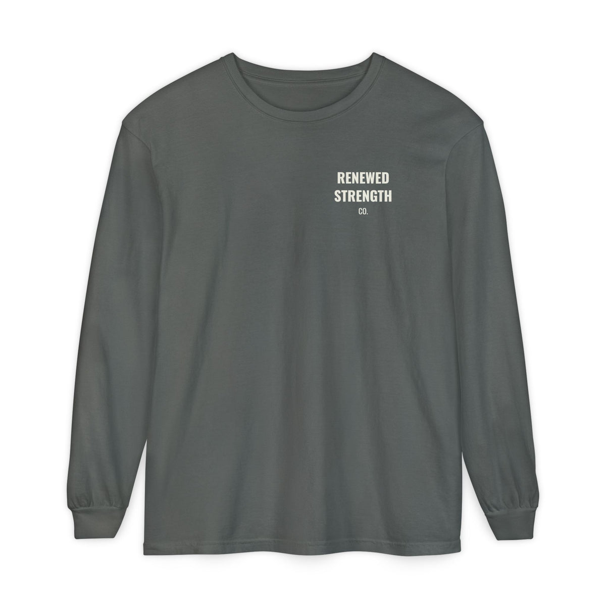 Suffering Produces Hope Romans 5:3-4 long sleeve tee in pepper, front (left-chest logo) mockup