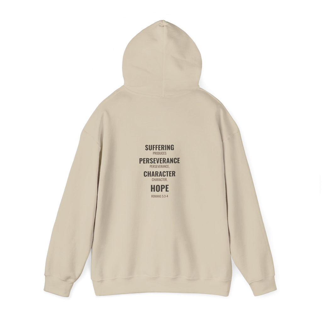 Suffering Produces Hope Romans 5:3-4 hoodie in sand, back angle (Romans 5:3-4 back print) mockup