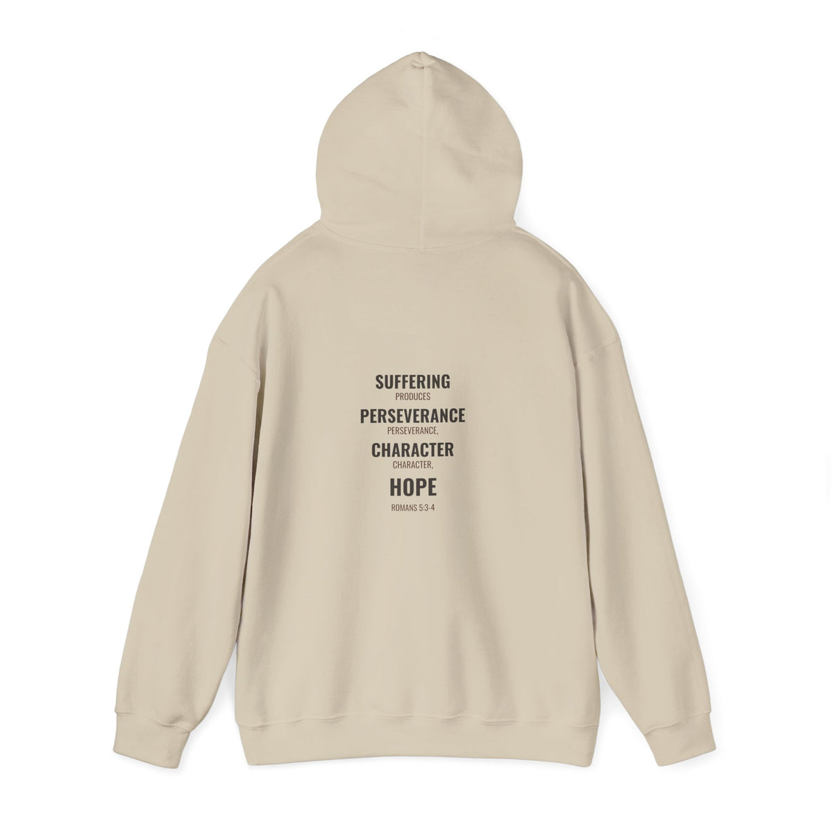 Suffering Produces Hope Romans 5:3-4 hoodie in sand, back angle (Romans 5:3-4 back print) mockup