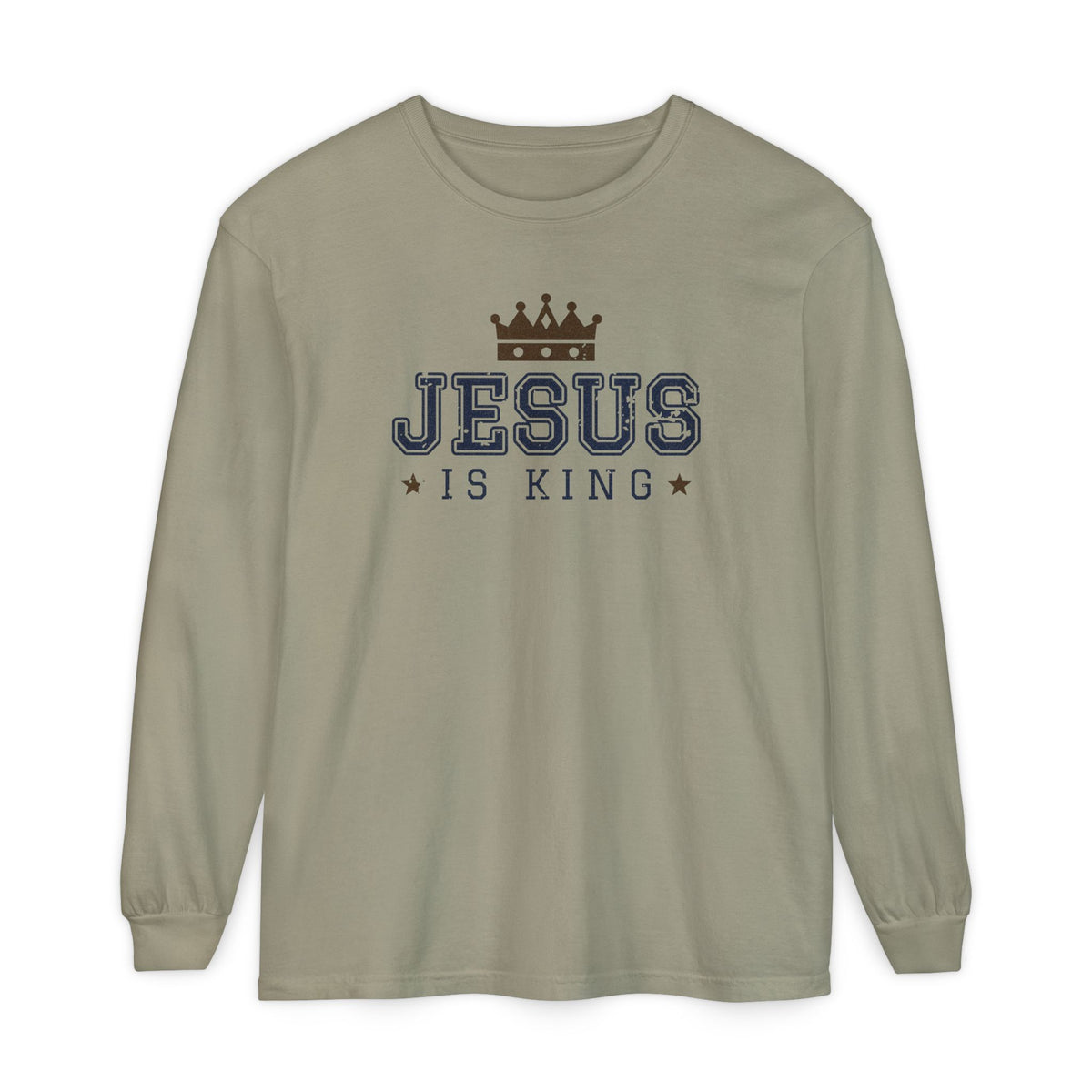 Jesus Is King Christian long sleeve tee in sandstone, front mockup