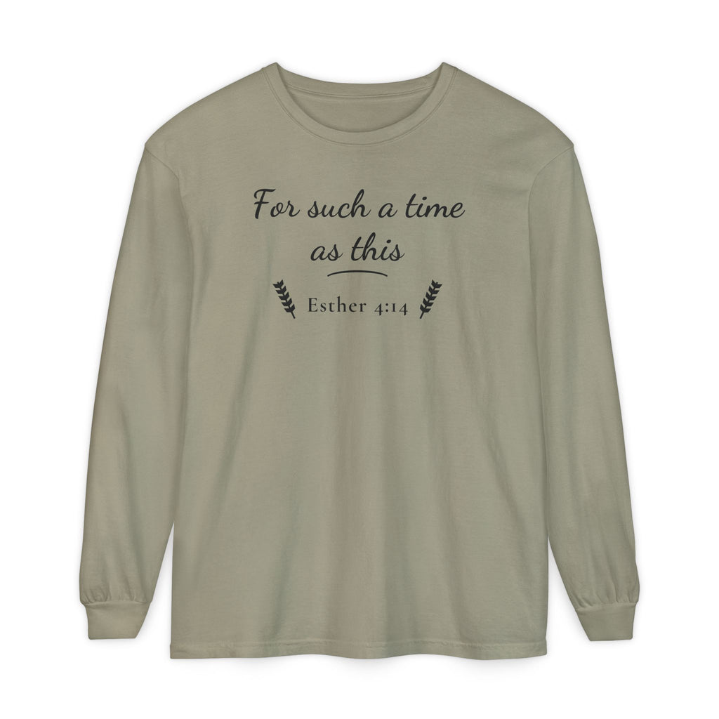 For Such a Time as This Esther 4:14 long sleeve tee in sandstone, front mockup