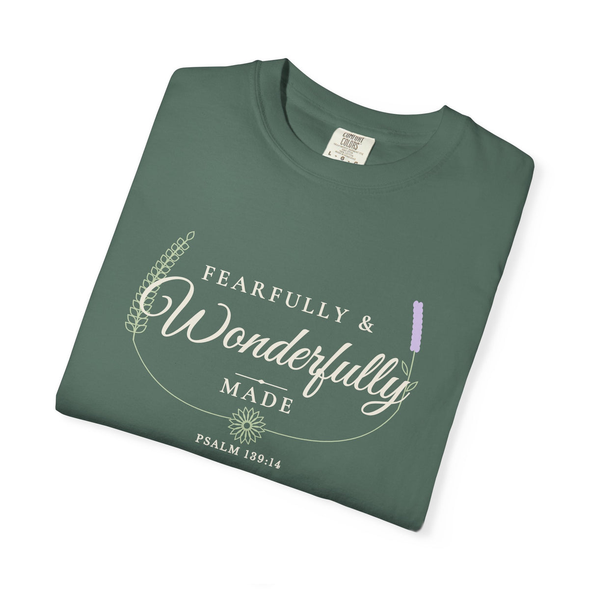 Fearfully & Wonderfully Made Psalm 139:14 tee in blue spruce, folded mockup