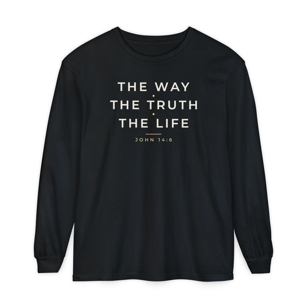 The Way The Truth The Life John 14:6 Christian long sleeve tee in black, front mockup