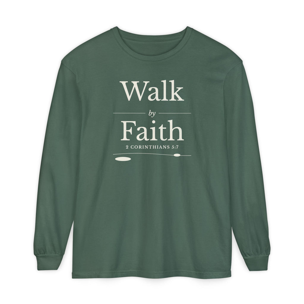 Walk by Faith 2 Corinthians 5:7 long sleeve tee in blue spruce, front mockup