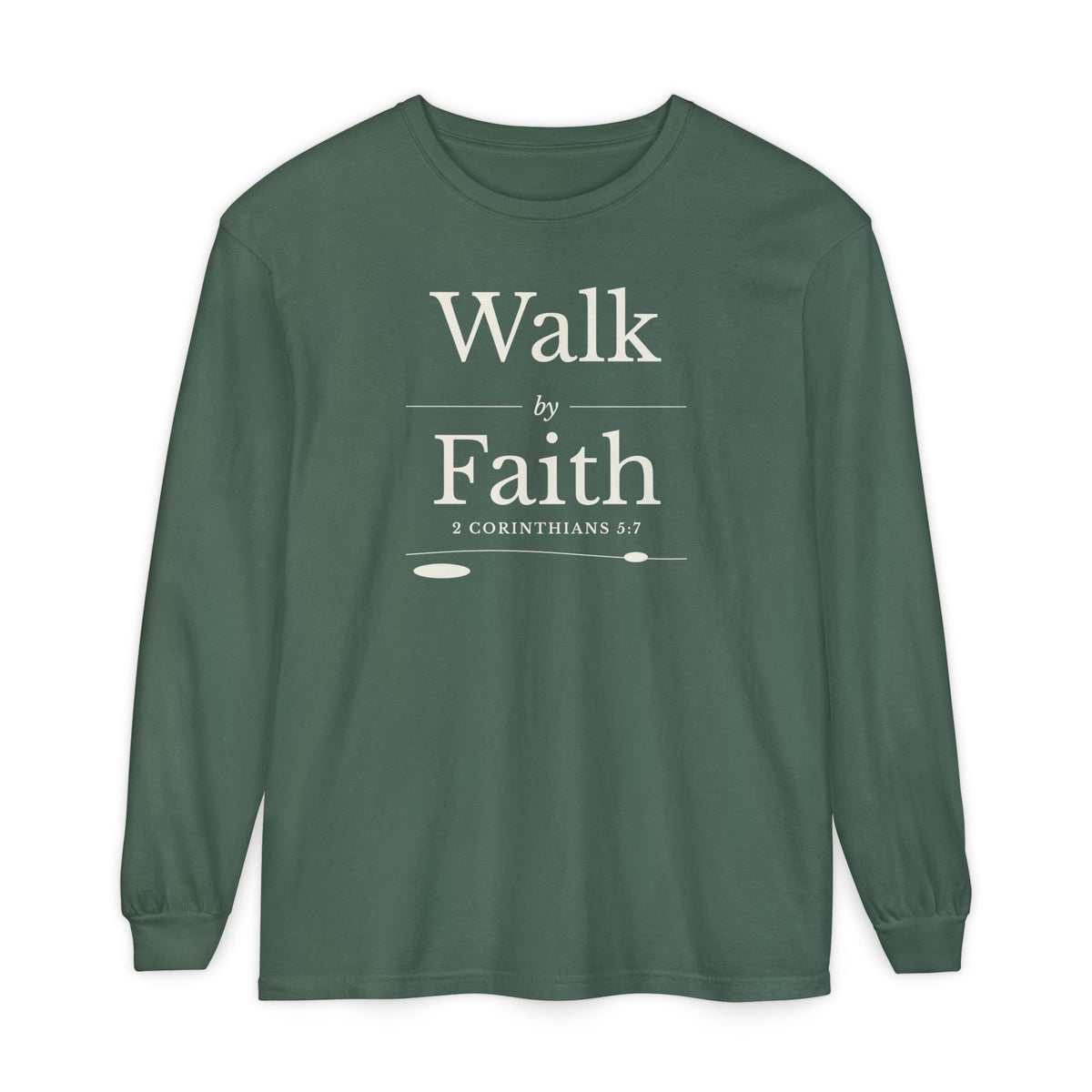 Walk by Faith 2 Corinthians 5:7 long sleeve tee in blue spruce, front mockup