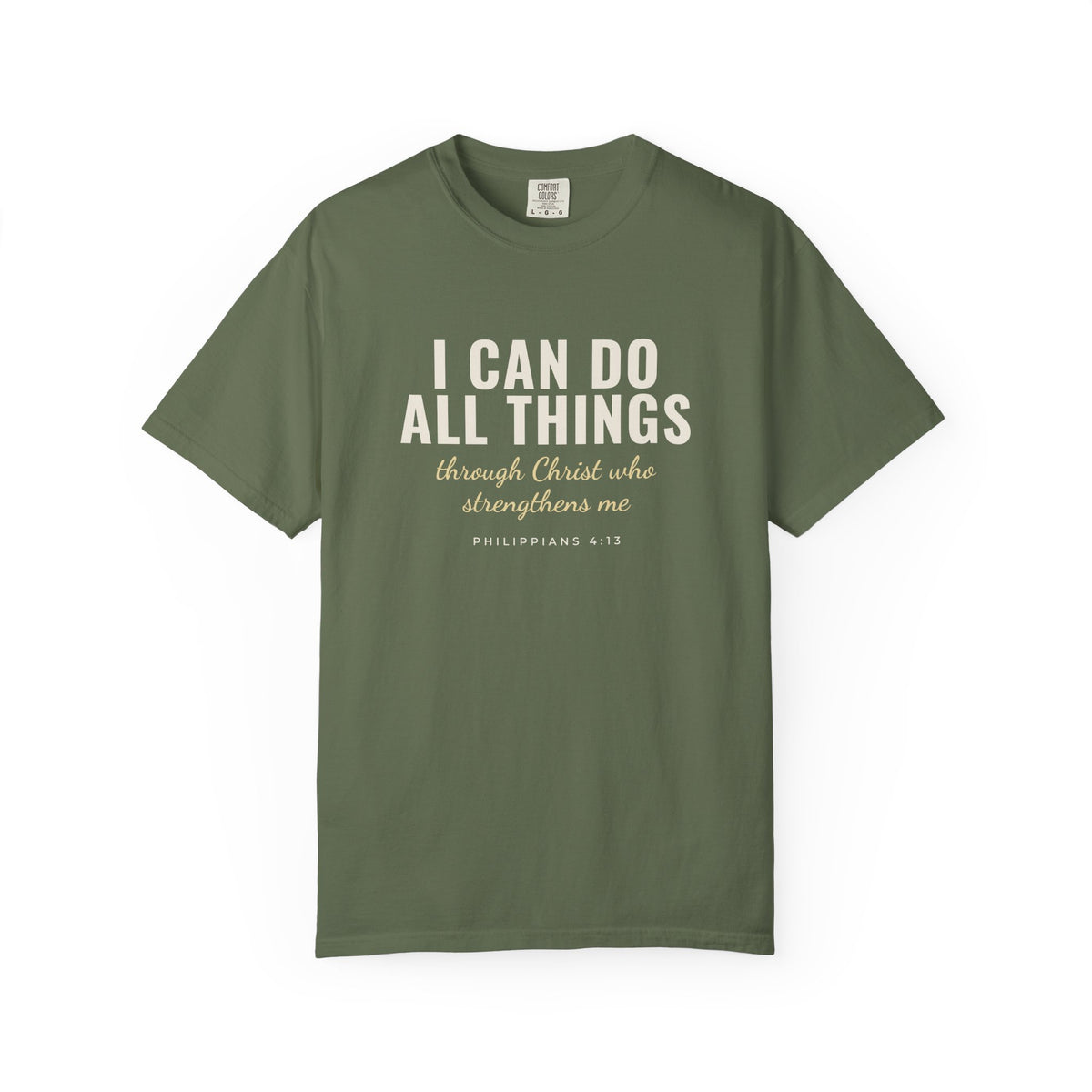 I Can Do All Things Philippians 4:13 Christian tee in sage, front mockup