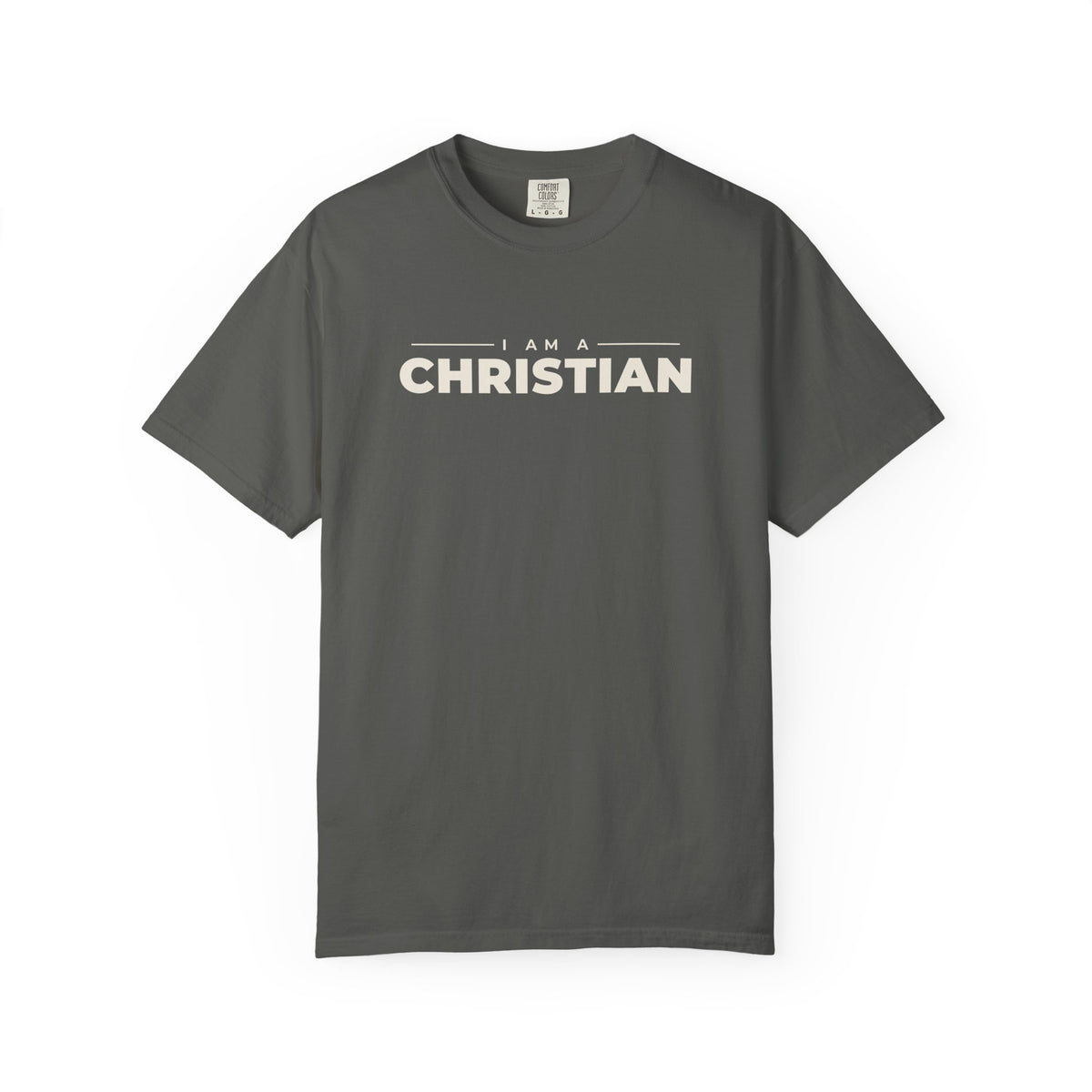 I Am a Christian Christian tee in pepper, front mockup