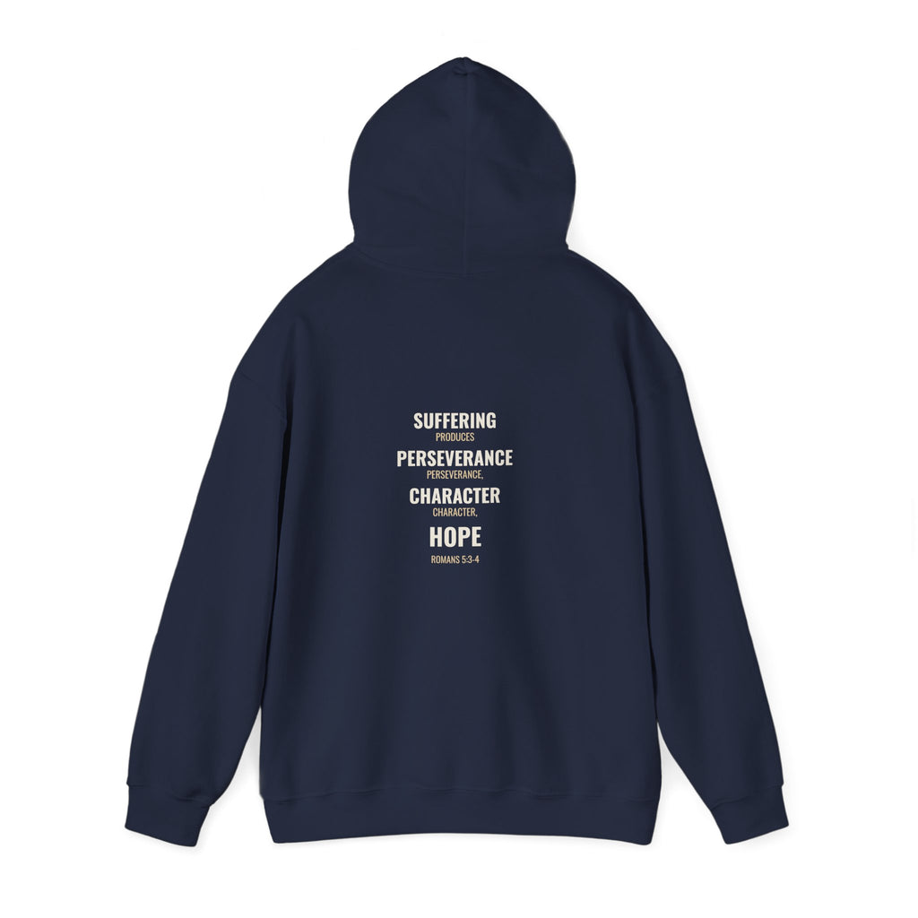 Suffering Produces Hope Romans 5:3-4 hoodie in navy, back angle (Romans 5:3-4 back print) mockup