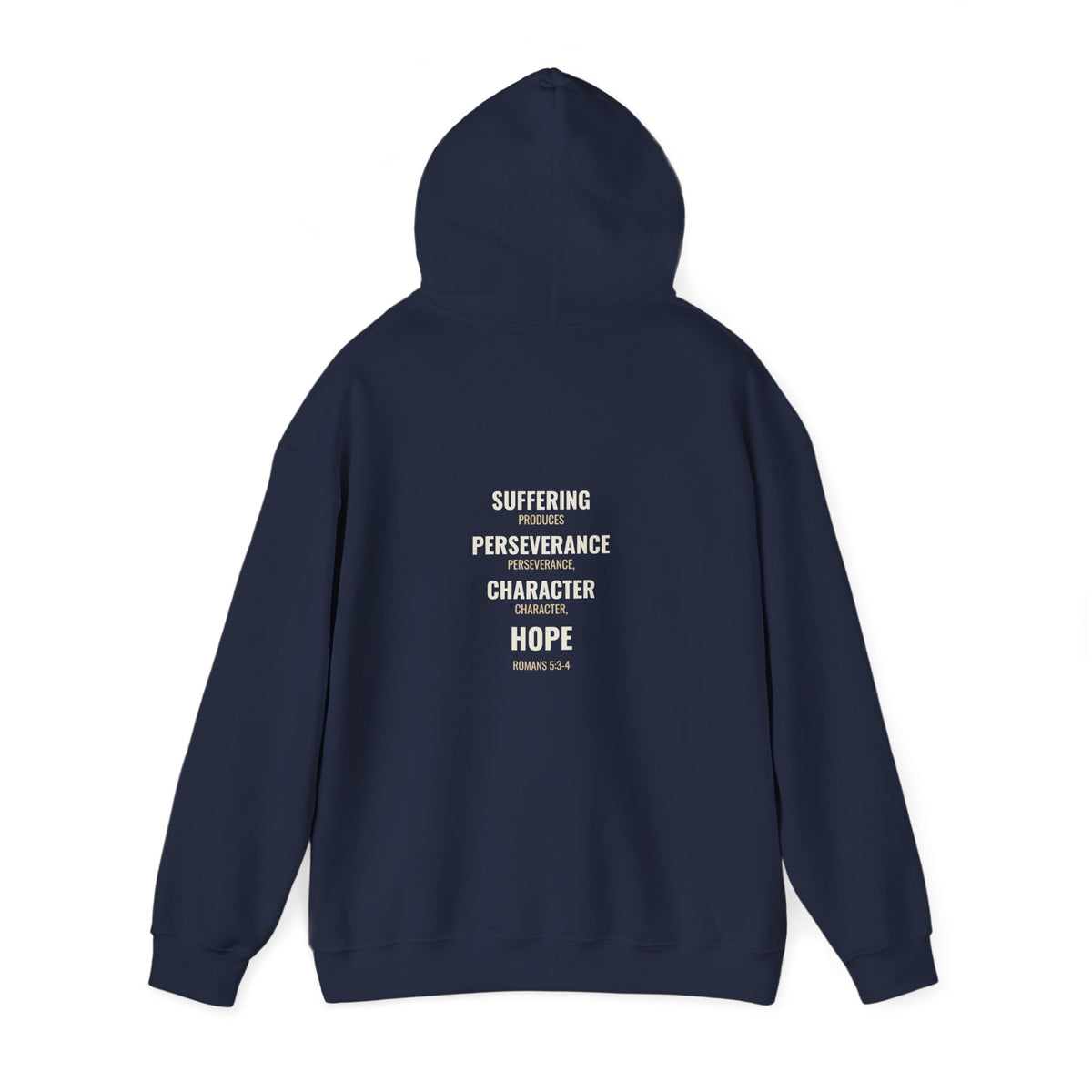 Suffering Produces Hope Romans 5:3-4 hoodie in navy, back angle (Romans 5:3-4 back print) mockup