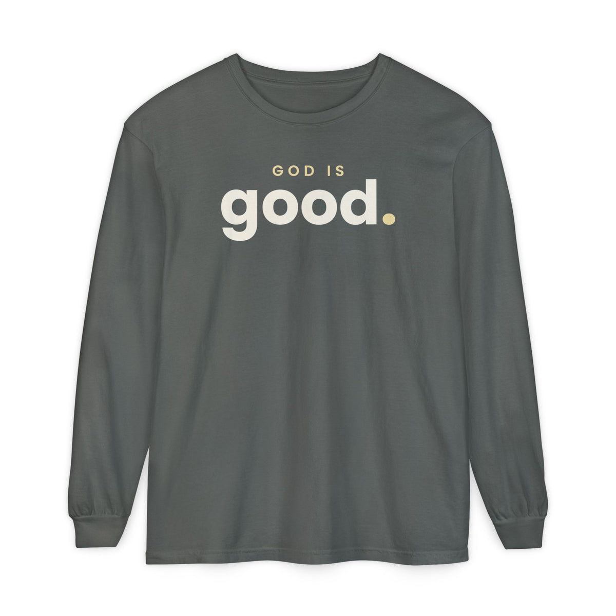 God Is Good Christian long sleeve tee in pepper, front mockup