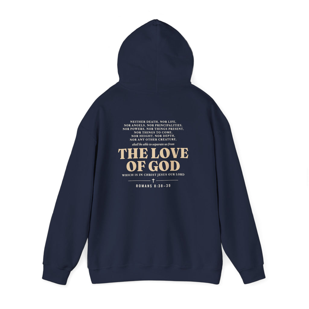 Nothing Can Separate Us Romans 8:38-39 hoodie in Navy, back print with hood up mockup