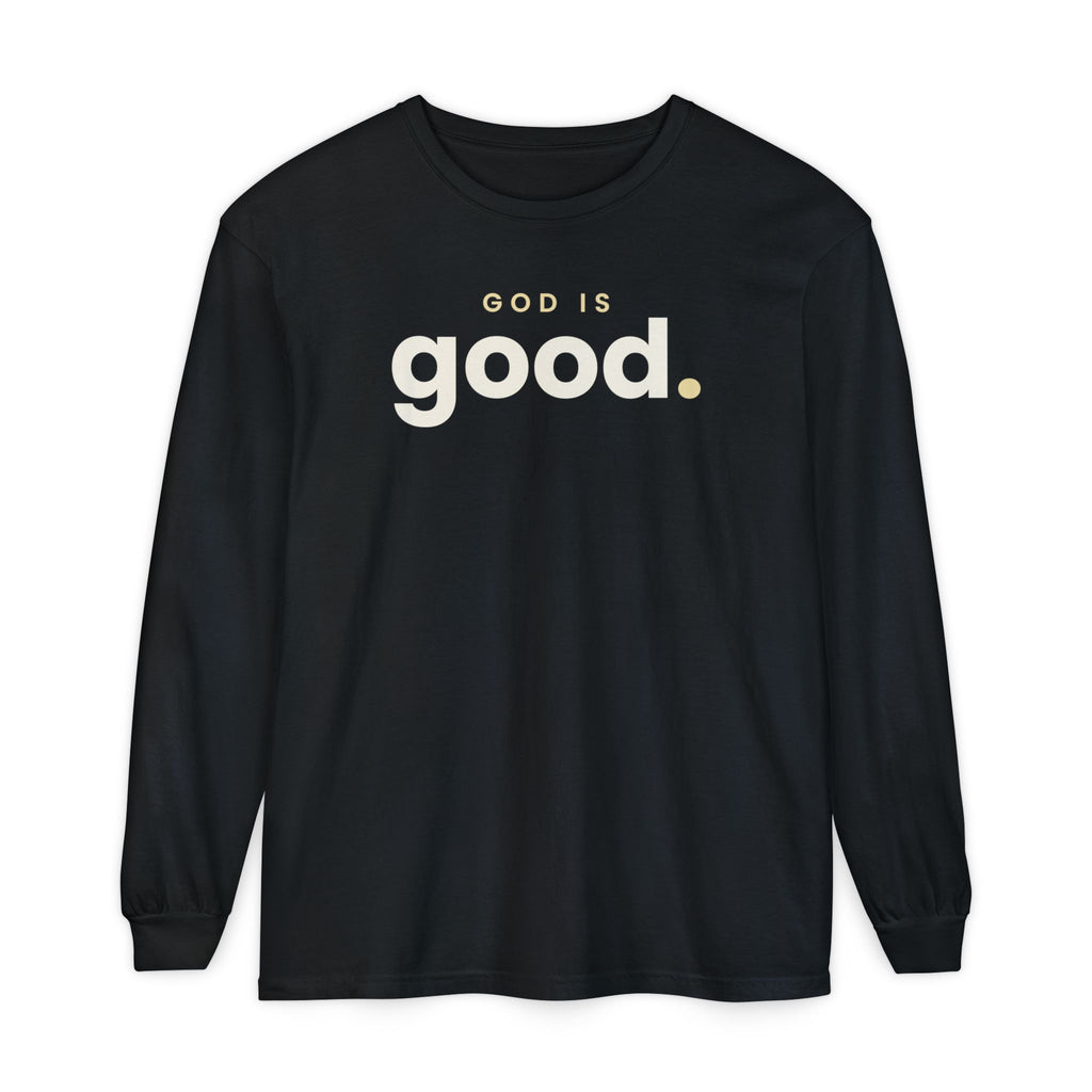 God Is Good Christian long sleeve tee in black, front mockup