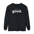 God Is Good Christian long sleeve tee in black, front mockup