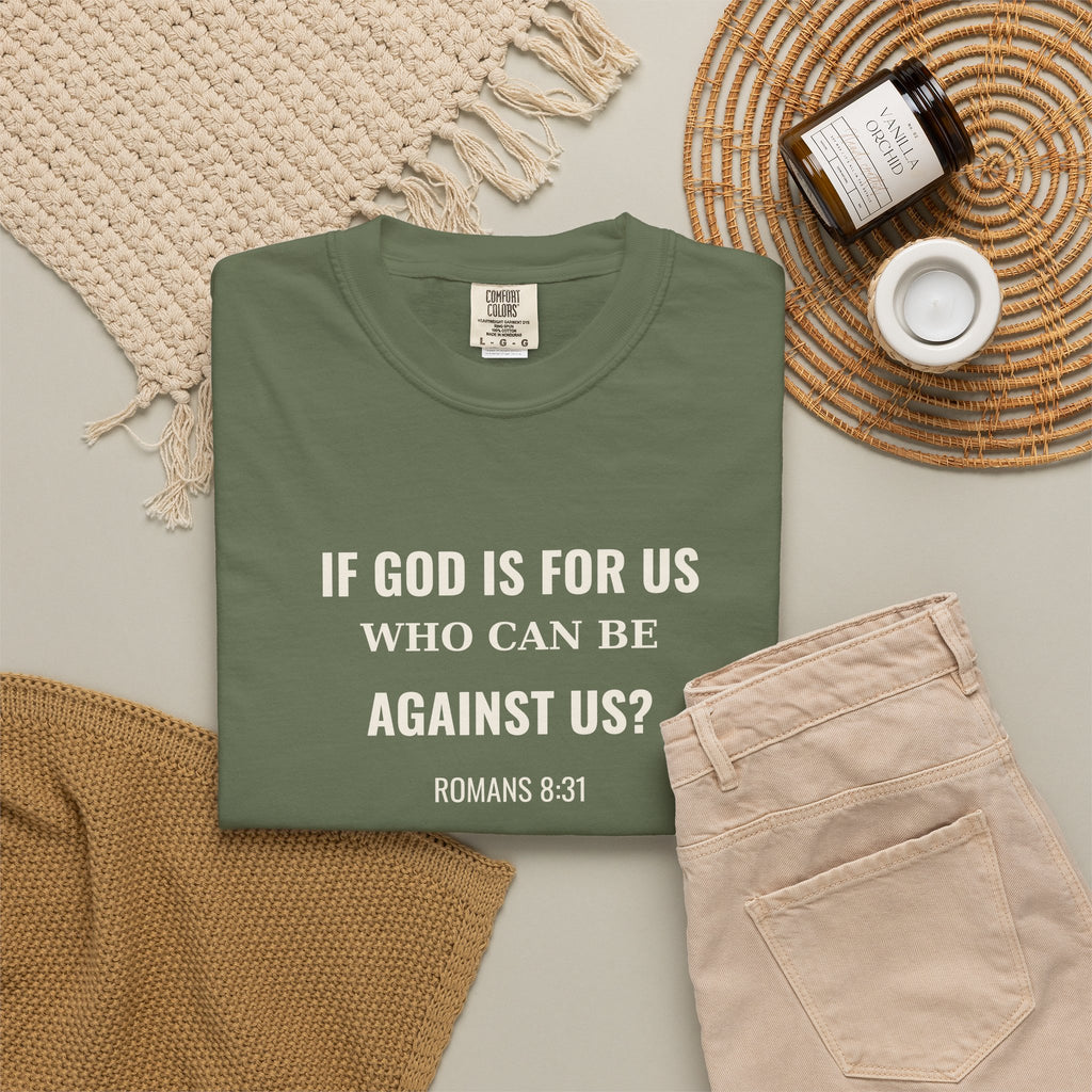 If God Is For Us Romans 8:31 tee in sage, folded flat lay mockup