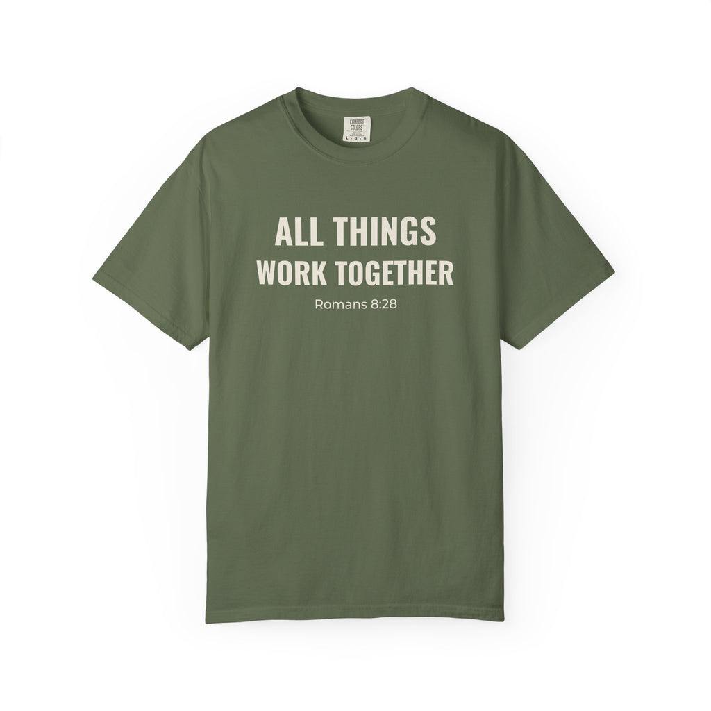 All Things Work Together Romans 8:28 tee in sage, front mockup