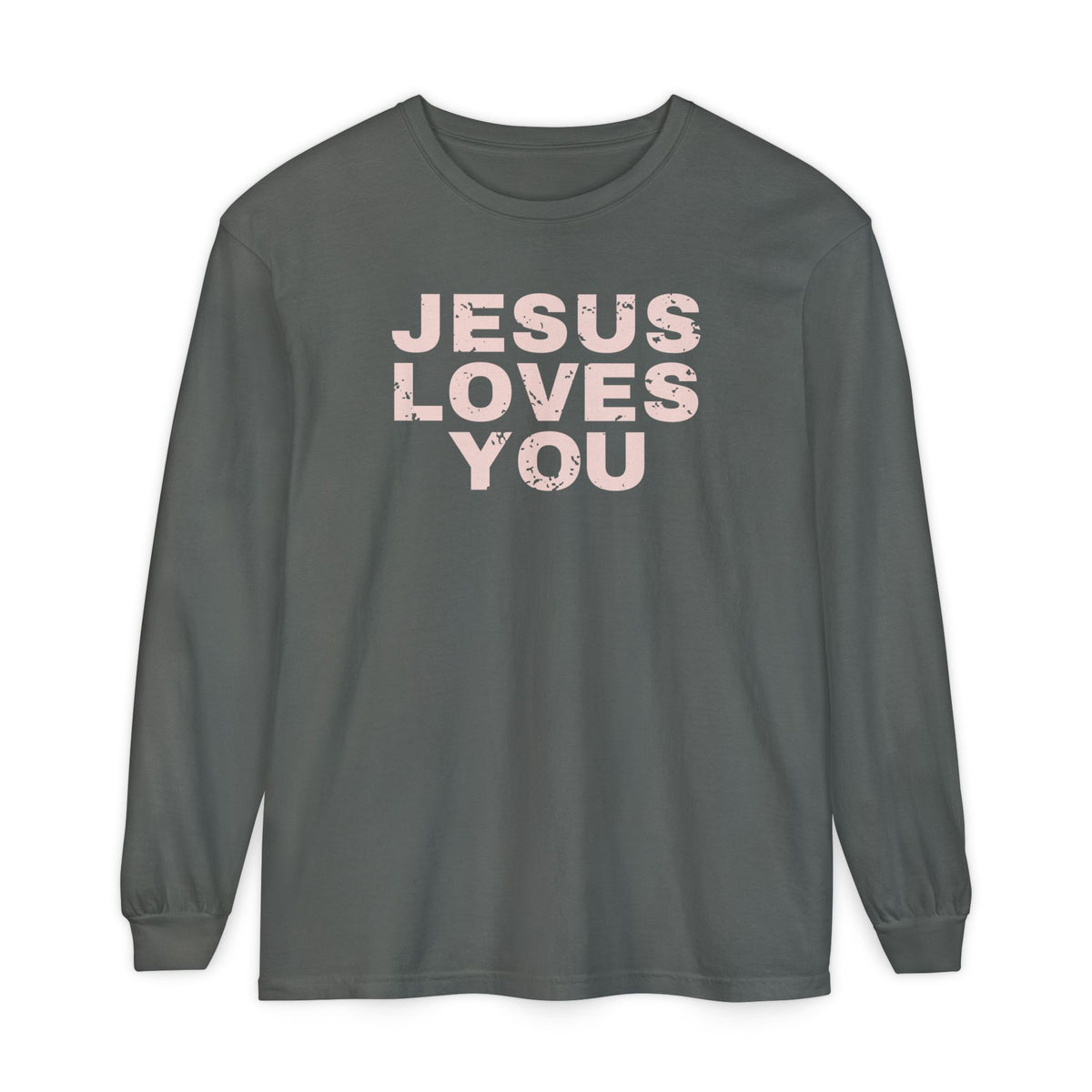 Jesus Loves You Christian long sleeve tee in pepper, front mockup