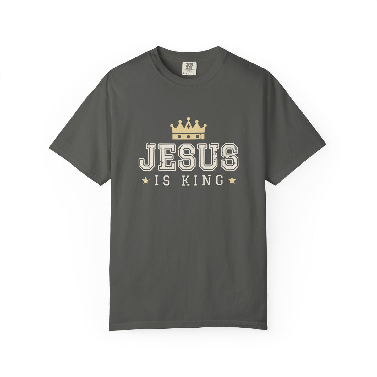 Jesus Is King Christian tee in pepper, front mockup