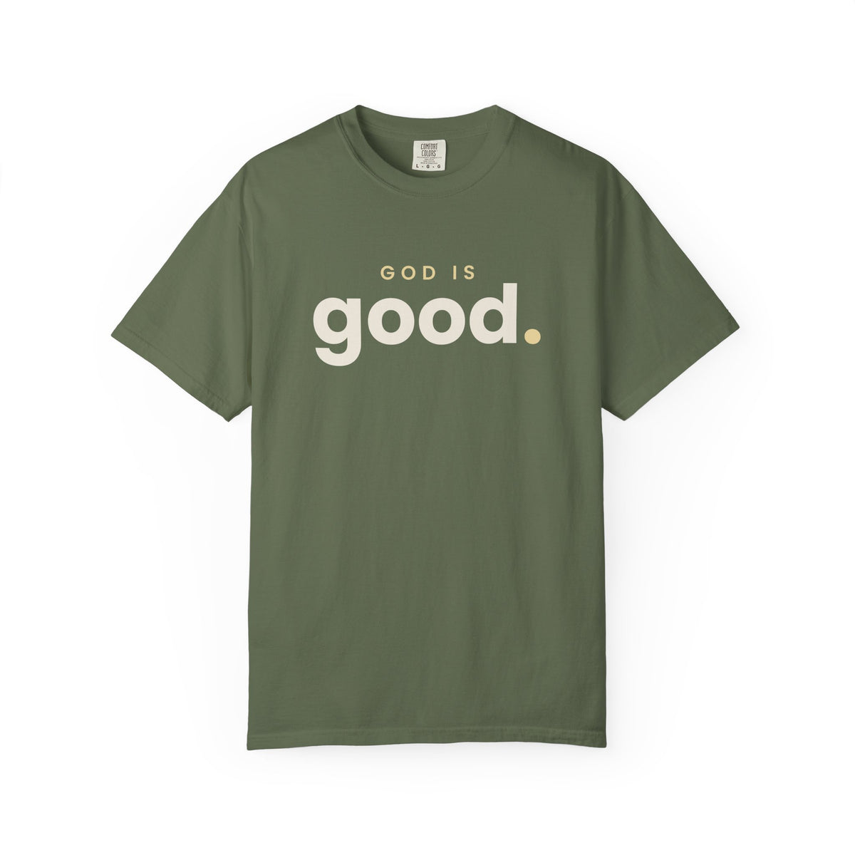God Is Good Christian tee in sage, front mockup