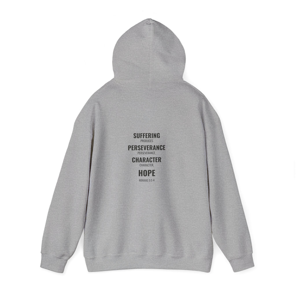 Suffering Produces Hope Romans 5:3-4 hoodie in sport grey, back angle (Romans 5:3-4 back print) mockup