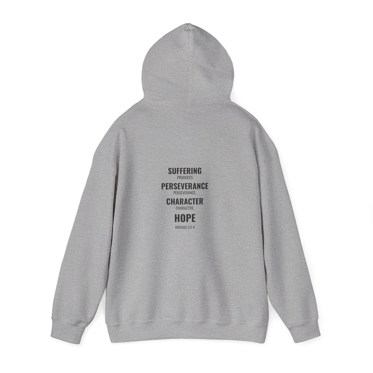 Suffering Produces Hope Romans 5:3-4 hoodie in sport grey, back angle (Romans 5:3-4 back print) mockup