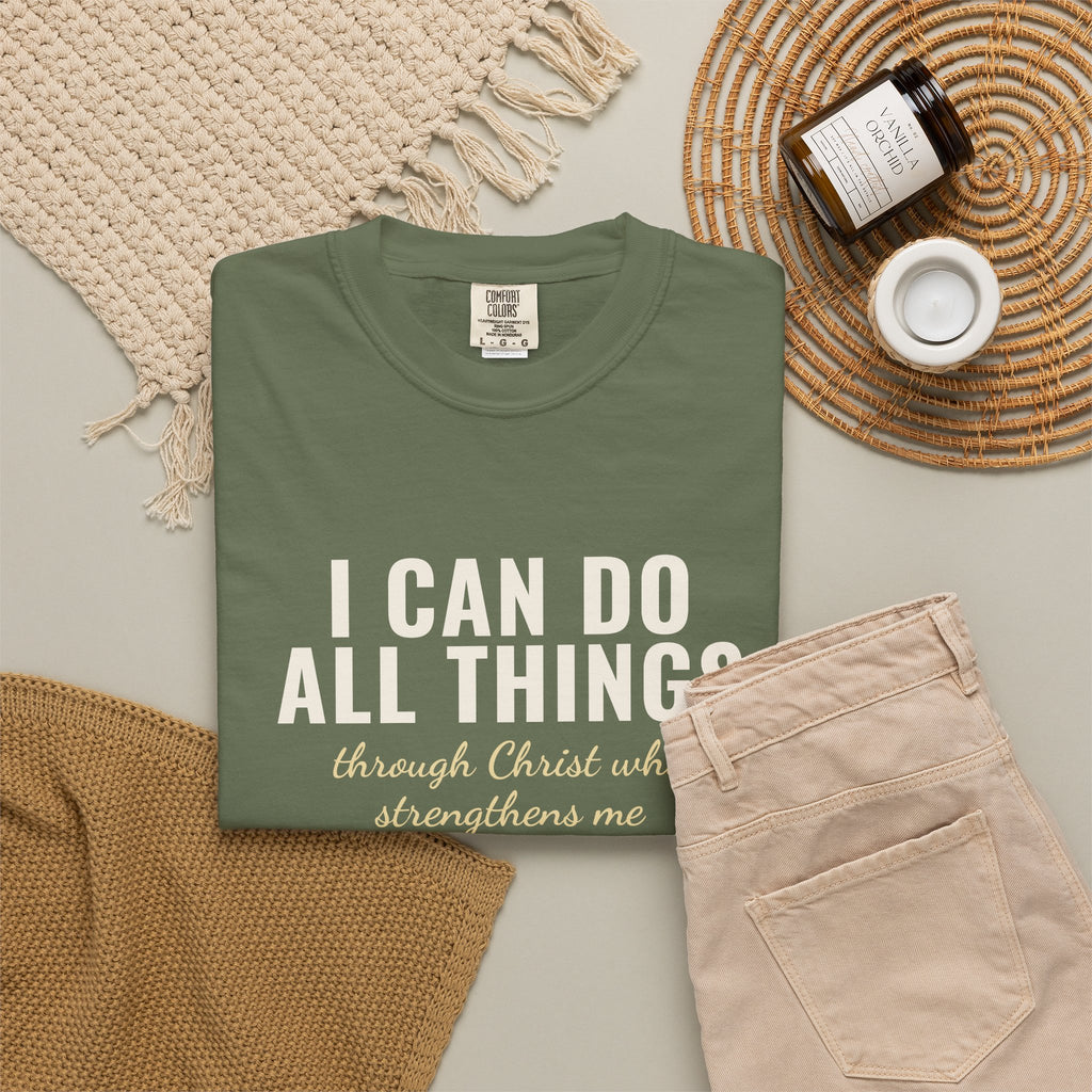 I Can Do All Things Philippians 4:13 Christian tee in sage, folded flat lay