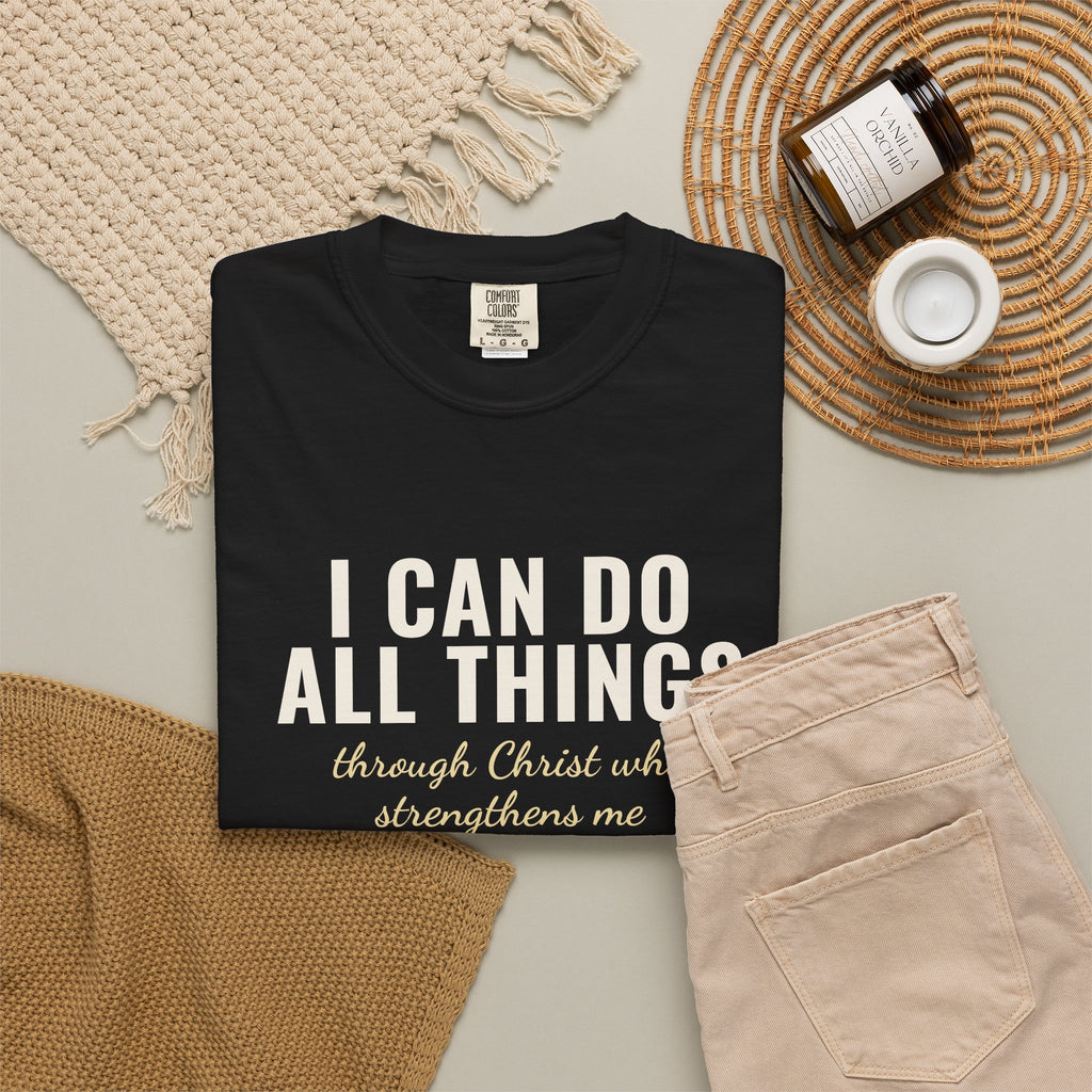 I Can Do All Things Philippians 4:13 Christian tee in black, folded flat lay