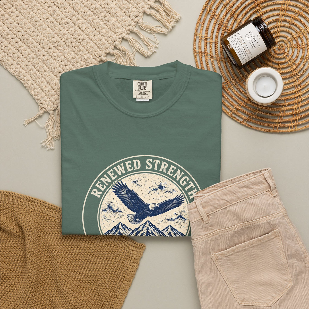 Renew Your Strength Isaiah 40:31 tee in blue spruce, folded flat lay mockup