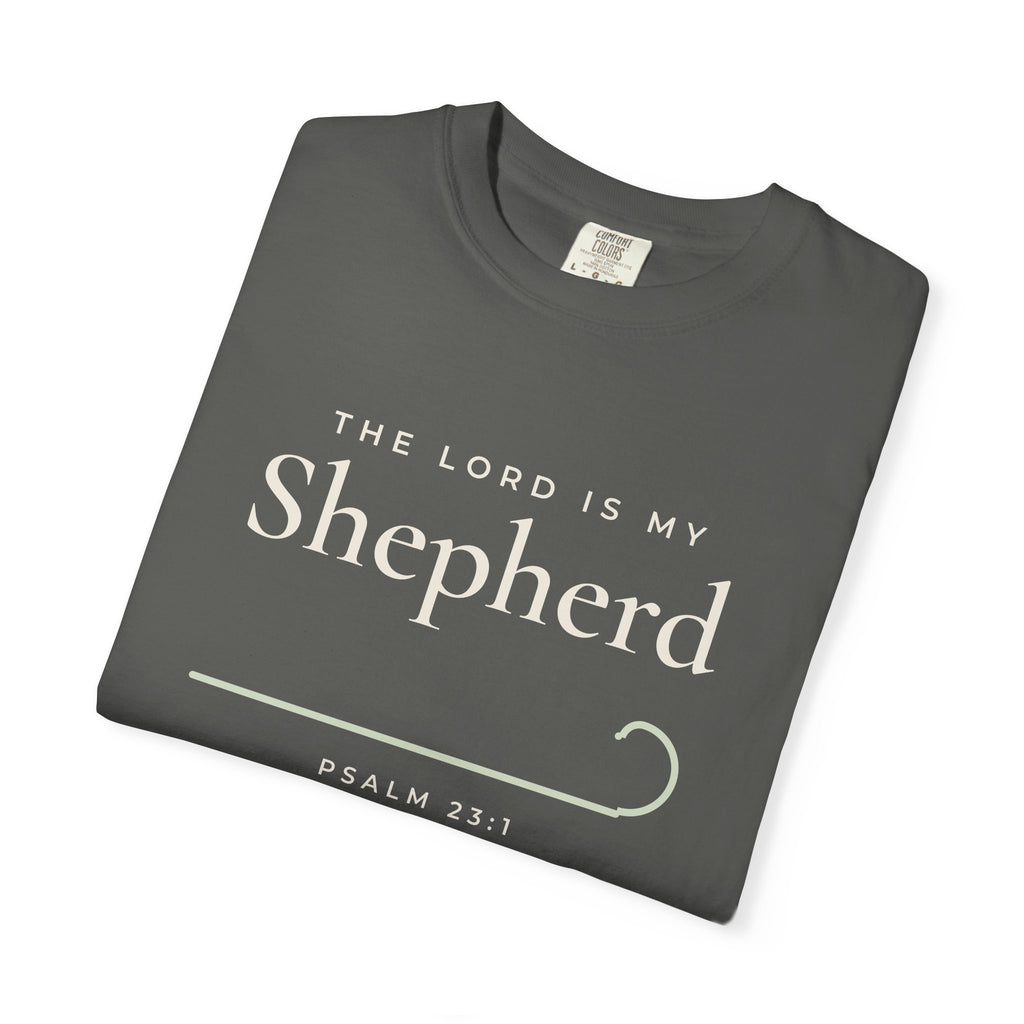The Lord Is My Shepherd Psalm 23:1 Christian tee in pepper, folded mockup